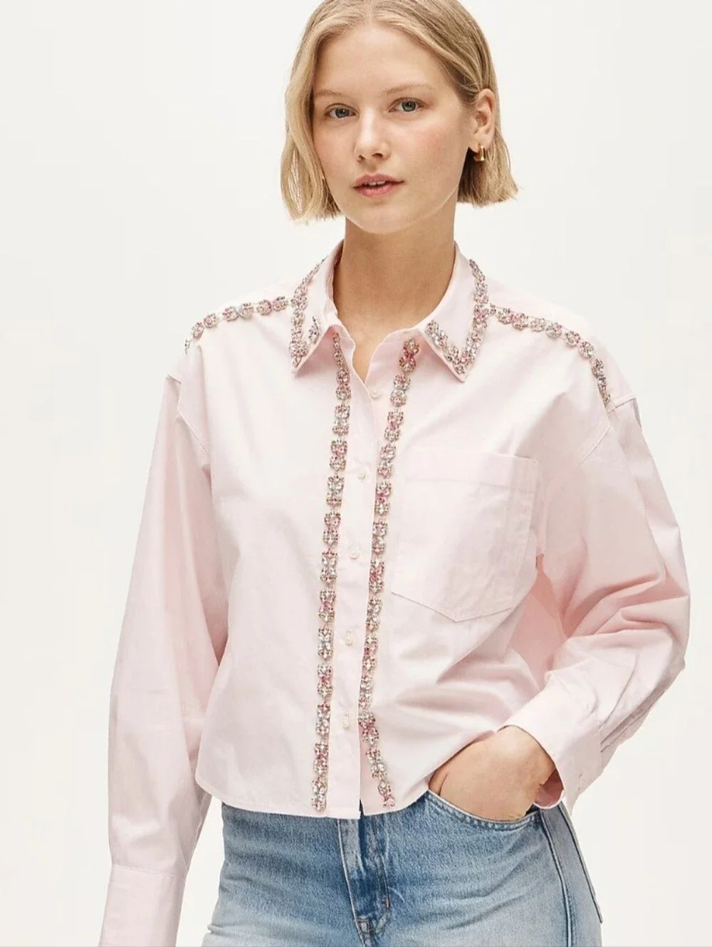 J Crew Etienne Jeweled Cropped Button Down Shirt